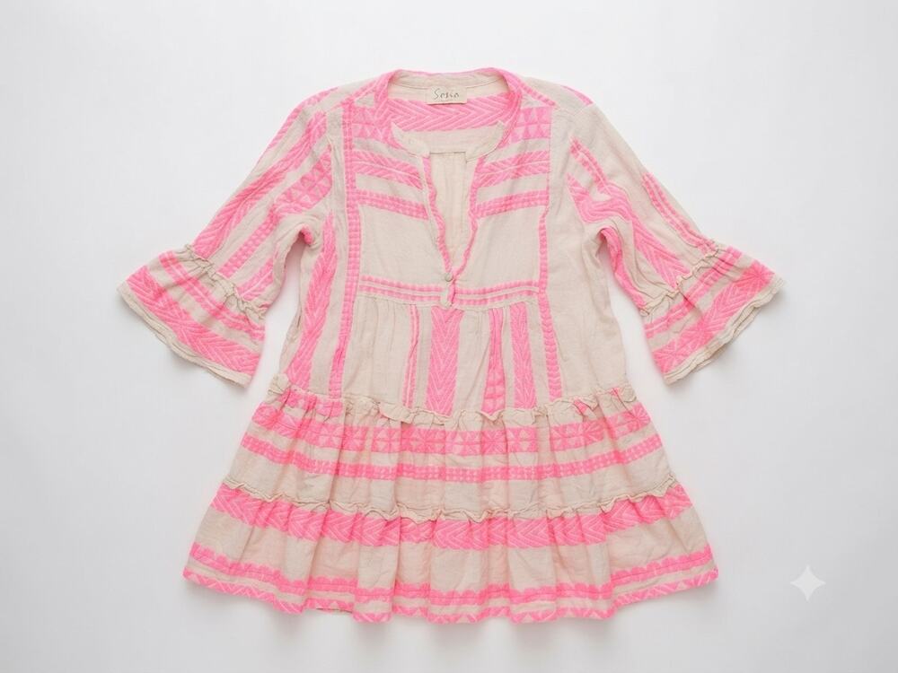 Sofia Made in Italy M Pink Stripe Ruffle Sleeve Dress Boho Preppy Coastal Cotton